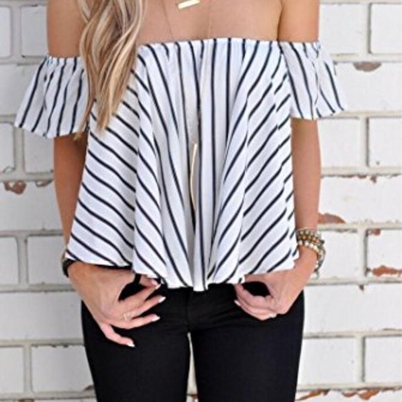 Tops - Women's Off Shoulder Stripe Casual Blouse Top